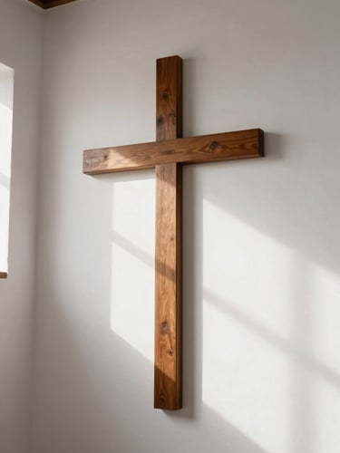 Close-up of a clean chapel interior in Calama, a simple wooden cross on a white wall with soft sunlight streaming through a side window