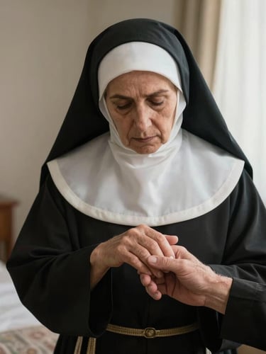 Plano medio con luz natural difusa de una religiosa de las Hermanas Hospitalarias sosteniendo con suavidad la mano de un adulto mayor en una habitación limpia y luminosa.