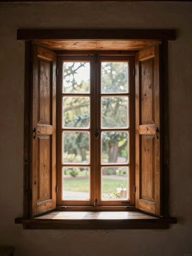 Enfoque artístico y sereno de un ventanal de capilla de madera donde ingresa luz solar suave de la mañana, transmitiendo recogimiento y paz católica.