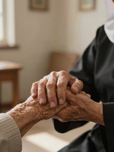 Close-up of a Sister of the Congregation gently holding an elderly resident's hand, soft natural golden light, clean and peaceful room in Calama.