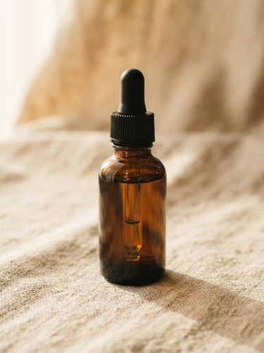 Close-up of amber CBD oil in a dark glass dropper bottle resting on organic linen fabric, soft natural sunlight casting gentle shadows, warm editorial photography, 35mm