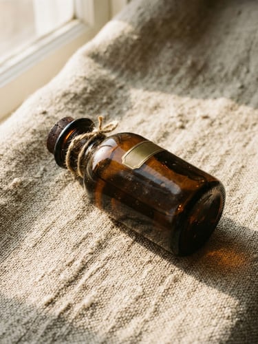 Macro photography of a dark amber glass bottle on raw linen fabric, soft natural morning sunlight casting long shadows, warm tones, 35mm