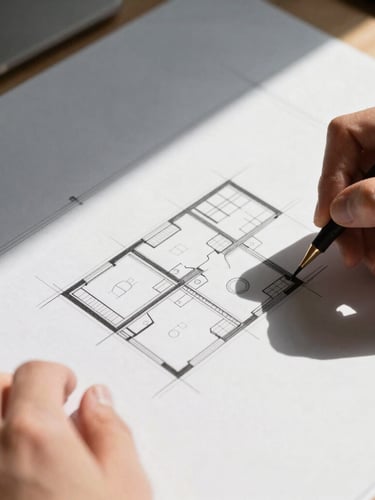 Overhead macro shot of hands sketching architectural blueprints on a drafting table, crisp natural daylight, strong architectural shadows.