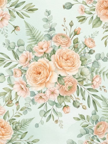 Delicate watercolor illustration of soft pastel peach and sage green flowers on a pale mint background, elegant botanical style, high-end editorial composition