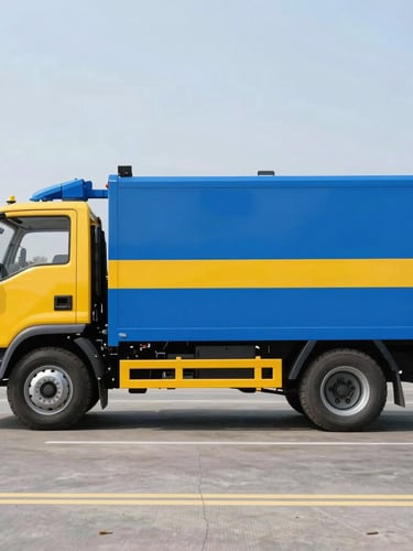 A modern blue and yellow utility truck parked on a clean street, side profile, professional industrial equipment visible, bright daylight, sharp focus, crisp commercial photography