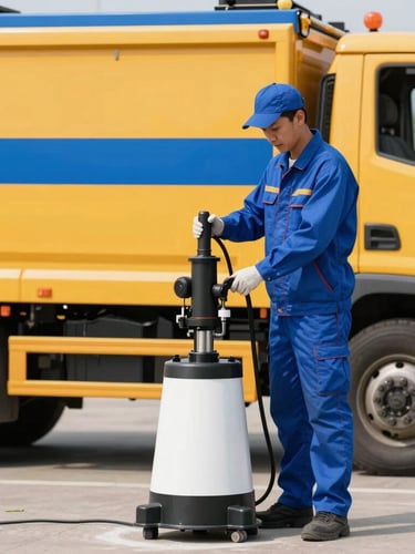 A professional technician in a clean blue uniform operating a high-tech hydro-jetting machine next to a modern yellow-and-blue utility truck, bright daylight, sharp focus, 35mm