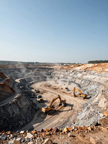 Wide panoramic view of an open-pit mining operation at midday, excavators and haul trucks working the terraced pit floor to the right, expansive sky and dust haze above, shot from an elevated vantage point for scale