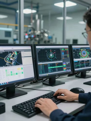 Close-up of a control room operator at a multi-screen workstation displaying production dashboards and site telemetry, industrial facility visible through reinforced glass behind, cool overhead lighting, focus on the screens and the operator's hands on the keyboard