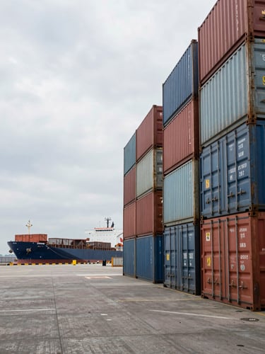 Wide-angle ground-level view inside an active industrial port logistics hub, shipping containers stacked in columns to the right, a loaded ore freighter visible at the dock in the deep background, overcast natural daylight, no people posed for camera