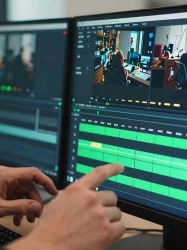 Tight macro shot of hands editing a high-retention vertical video on a dual-monitor setup, neon green timeline glow, professional studio environment