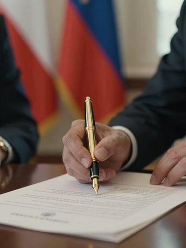 Cinematic close-up of a formal treaty signing, gold fountain pen on heavy paper, national flags softly blurred in the background, warm natural light