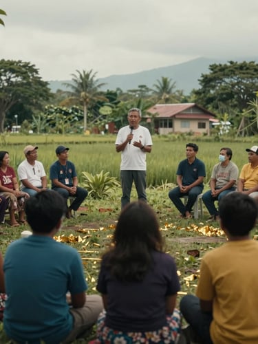 Cinematic wide shot of a community development program in rural Philippines, local organizers speaking with residents under soft overcast daylight