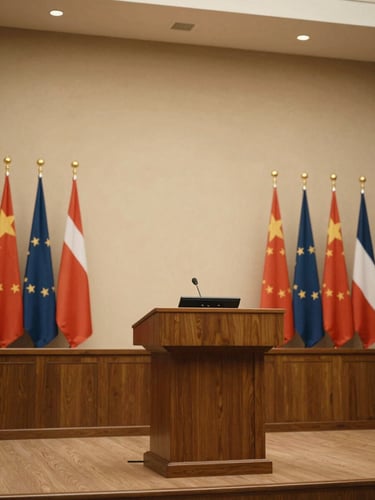 Cinematic wide-angle shot of a formal government hall, soft warm gold lighting on a wooden podium, national flags in background, clean composition