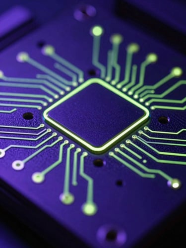 Macro close-up of high-end server hardware glowing with deep purple and blue studio lighting, sharp lime-green neon accent lines tracing the circuits, 35mm dark editorial photography