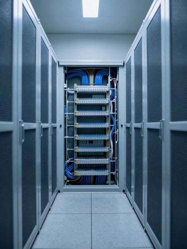 Symmetrical architectural shot of a pristine commercial plant room, clean cable management, cool twilight lighting, sharp focus, 35mm