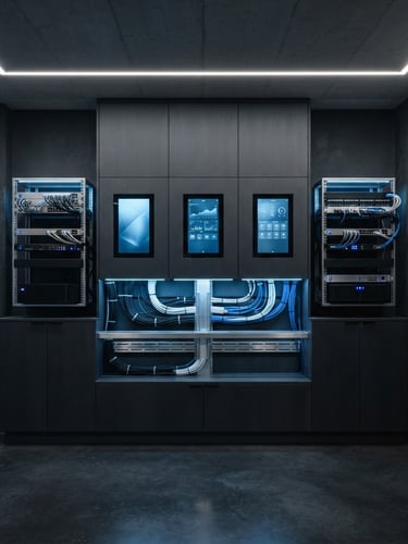 Symmetrical architectural shot of a minimalist home utility zone, flush-mounted smart panels, clean cable management, crisp electric blue accent lighting, cool twilight, 35mm