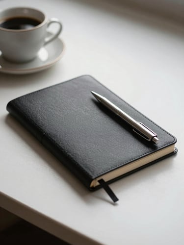 A clean, modern desk with a black notebook, a metal pen, and a ceramic coffee cup, natural side-lighting, tight focus on the notebook