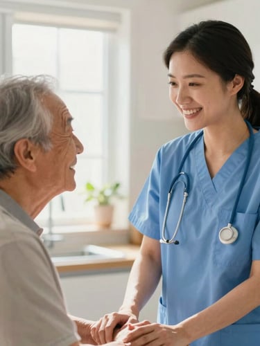 Warm editorial photography of a professional caregiver and a senior client sharing a genuine smile in a sunlit kitchen, soft natural window light, shallow depth of field