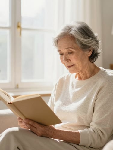 Bright airy editorial photo of an older adult reading a book in a comfortable living room with soft morning light streaming through a window, warm gold accents