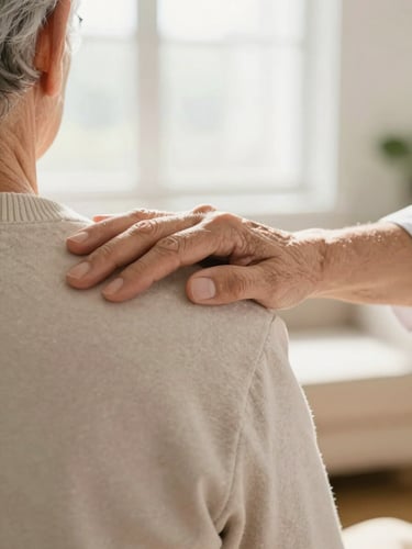 A close-up shot of a caregiver's hand gently resting on a senior's shoulder, warm sunlit home environment, shallow depth of field, soft and reassuring.