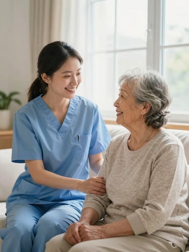 A warm professional caregiver smiling next to an elderly woman in a sunlit living room, soft natural window light, bright airy tones, 35mm lens