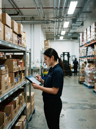 Wide shot of a supermarket backroom, hands checking inventory on a tablet, boxes neatly stacked, under cool fluorescent lighting. Focus on operational clarity.