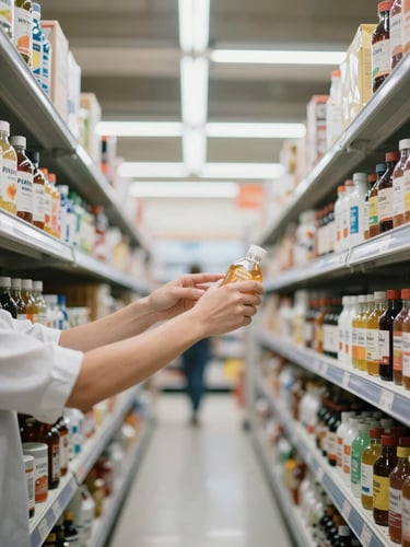 Mid-shot of hands in a supermarket aisle, a Preventi consultant and a store employee collaboratively checking product placement and inventory on a shelf, under bright fluorescent lighting. Focus on hands-on work.