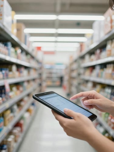 Close-up of hands checking inventory on a tablet in a busy supermarket aisle during restocking, collaborative floor training, realistic supermarket fluorescent lighting, cool industrial tones, sharp focus, 35mm lens