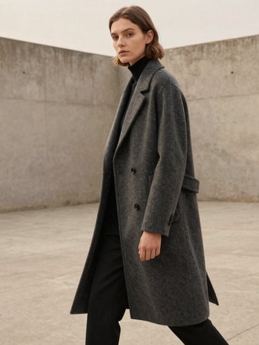 A model in motion wearing a structured charcoal wool coat in a minimalist concrete courtyard, soft overcast daylight, editorial framing