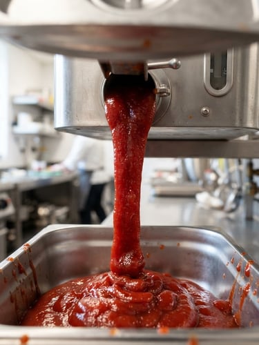 Macro shot of thick, deep red ketchup pouring slowly from a bulk container in a bright, clean commercial kitchen, high-contrast natural shadows, rich tomato tones.