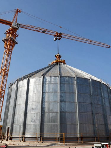 Low-angle wide shot of a massive industrial construction site, heavy cranes lifting a galvanized steel silo dome, harsh midday sun casting sharp geometric shadows, high contrast.