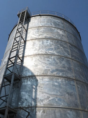 Low-angle shot of a colossal galvanized steel silo under harsh midday sun, casting geometric shadows, industrial steel panels, wide-environmental framing.