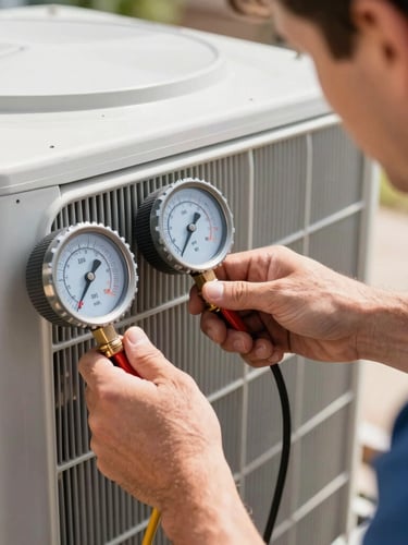 Close-up, crisp editorial photo of a male AC technician's hands adjusting diagnostic gauges on an outdoor condenser unit, showing focused, hands-on technical work under bright Colorado daylight.