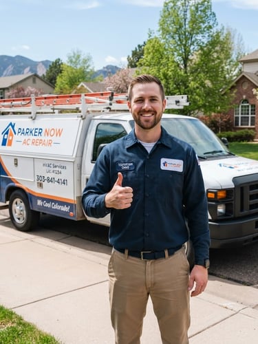 Crisp editorial photo of a friendly male AC technician in uniform, smiling and giving a thumbs up, standing next to a clean Parker Now AC Repair service truck in a sunny Parker neighborhood street, bright natural Colorado daylight.