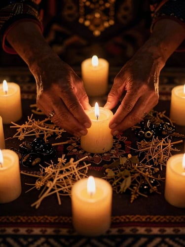 Hands of an Andean spiritual guide arranging beeswax candles and sacred herbs on a dark woven textile, dramatic low-key lighting, warm gold highlights