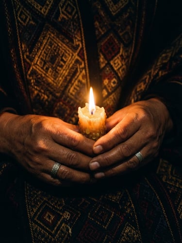 Close-up of hands holding a sacred beeswax candle, warm candlelight casting deep golden shadows on dark Andean textiles, mystical editorial photography, 35mm