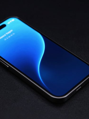 Sleek tech photography, close-up of a modern smartphone displaying a high-contrast web interface with vibrant neon blue and cyan glow, dark reflective surface background, sharp focus, 35mm