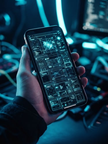 Sleek tech photography, dark background, vibrant neon blue and cyan light, sharp focus, modern smartphone showing a website interface in development, 35mm