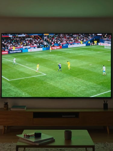 Wide panoramic environmental shot of a cozy, low-lit living room where a massive wall-mounted screen displays a fast-paced soccer match, vibrant green field casting a soft neon glow.