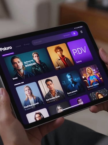 Angled close-up of a high-resolution tablet screen displaying a premium streaming interface with dark obsidian backgrounds and violet neon highlights, held in a modern living space.