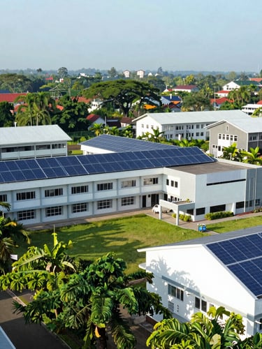 Wide environmental shot of a lush green Indonesian school campus, modern architectural details with solar panels, bright morning daylight, clean editorial style.