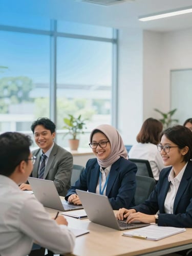 Vibrant editorial photography of successful Indonesian school alumni in professional attire smiling in a modern collaborative workspace, bright natural daylight, soft blue tech glow.