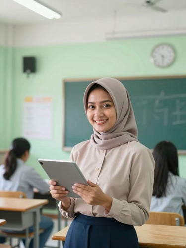Portrait of a modern Indonesian female teacher in a smart classroom, holding a digital tablet, smiling warmly, soft green and blue lighting, clean school background.