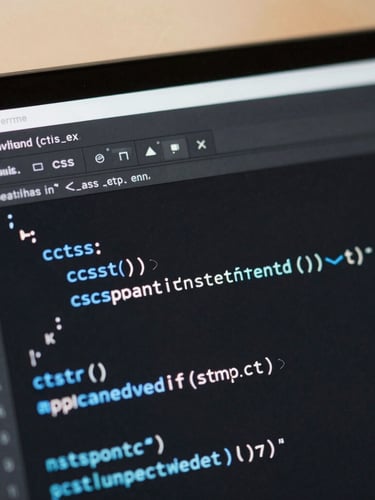 Macro close-up of a code editor showing beautifully formatted, clean CSS and HTML on a dark screen with soft blue syntax highlighting, warm ambient lighting