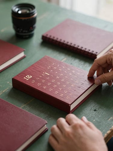 Close-up of hands carefully arranging beautifully crafted wooden calendars and corporate notebooks on a dark green rustic table, soft overcast morning light, 35mm lens, matte finish