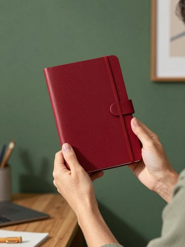 A vertical portrait shot of a designer in a warm, cozy Scandinavian-style workspace, holding a beautifully crafted crimson brand notebook, soft natural daylight, matte forest green background, 35mm lens, editorial photography