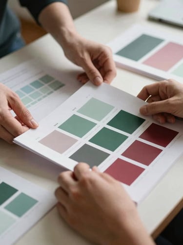 Behind-the-scenes agency work, hands arranging brand guidelines and color swatches on a table, soft daylight, matte finish