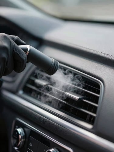 Extreme close-up of a detailer's gloved hand pressing a steam nozzle into a car door vent panel, vapor visible against dark trim, cool bright daylight from the car window, sharp focus on the tool tip and vent slats