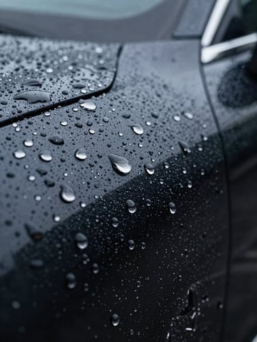 Extreme close-up of water beading in tight spheres on a freshly ceramic-coated deep black car panel, cool studio lighting, high contrast, sharp droplet edges reflecting silver-white light, surface depth visible