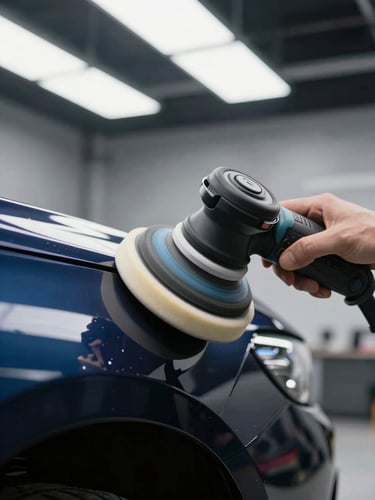 Close-up of a dual-action polisher working over a dark-blue car panel under bright cool-white shop lights, buff pad contact patch visible, paint surface showing the correction in progress